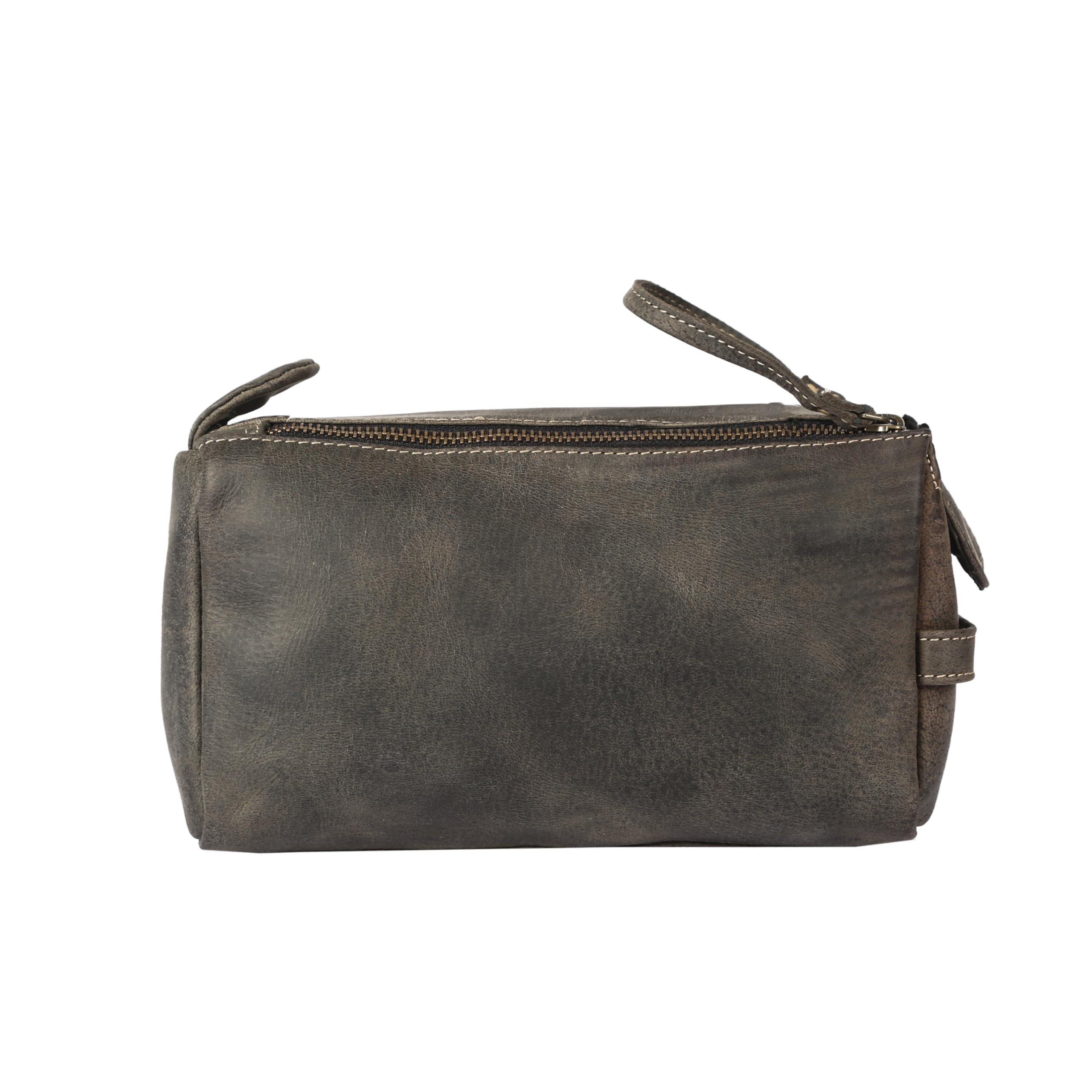KomalC buffalo leather Dopp kit stitching close-up emphasizes craftsmanship.