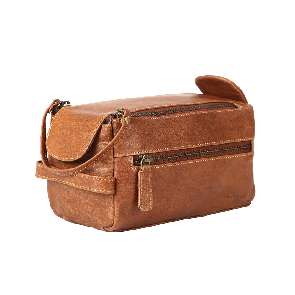 KomalC Chicago Buff leather toiletry bag front view for organized travel essentials.