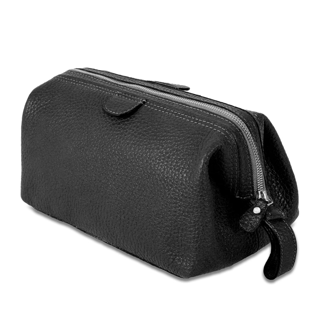 KomalC large premium leather toiletry bag front view highlights travel-ready durability.