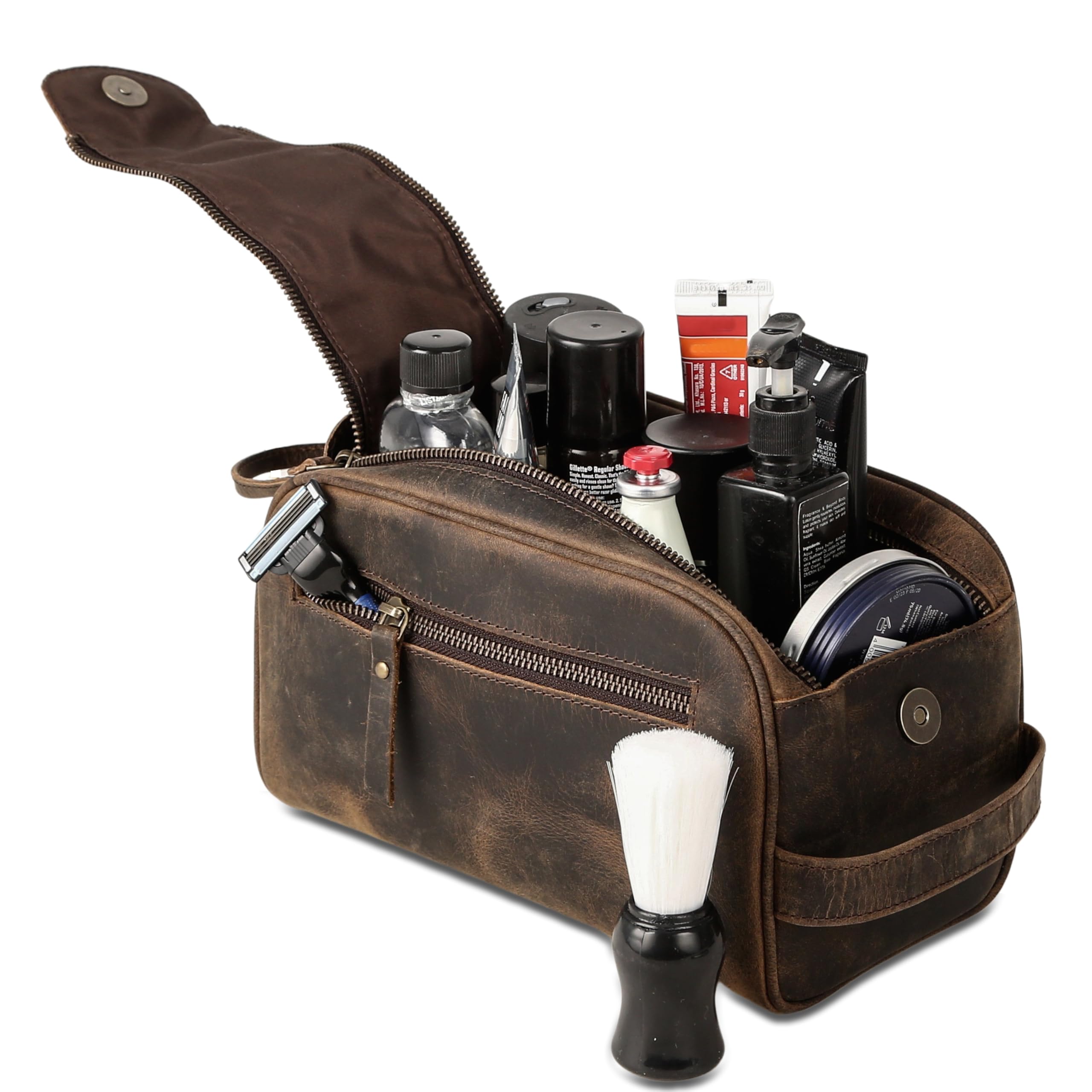 KomalC leather toiletry bag rugged finish ready for travel use.