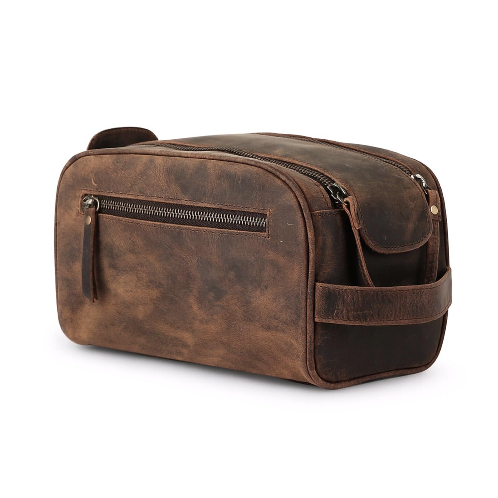 KomalC leather toiletry bag close-up zipper for secure travel storage.