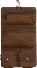 KomalC hanging toiletry bag front view shows distressed tan buffalo leather and craftsmanship.