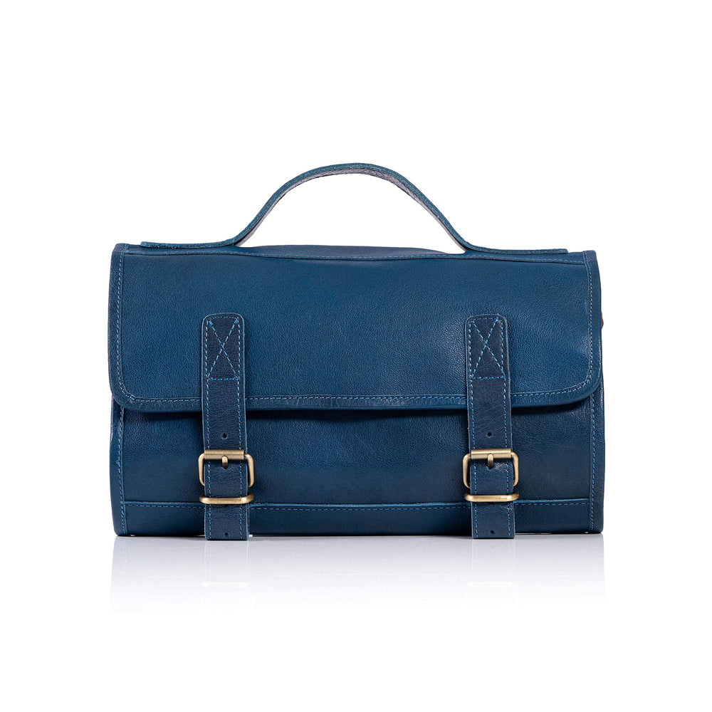 KomalC premium Buffalo leather roll toiletry bag interior pockets, keeps essentials neatly organized.