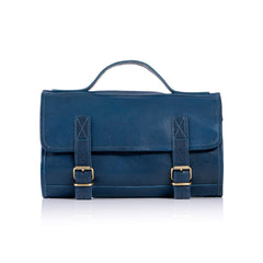 KomalC premium Buffalo leather roll toiletry bag interior pockets, keeps essentials neatly organized.