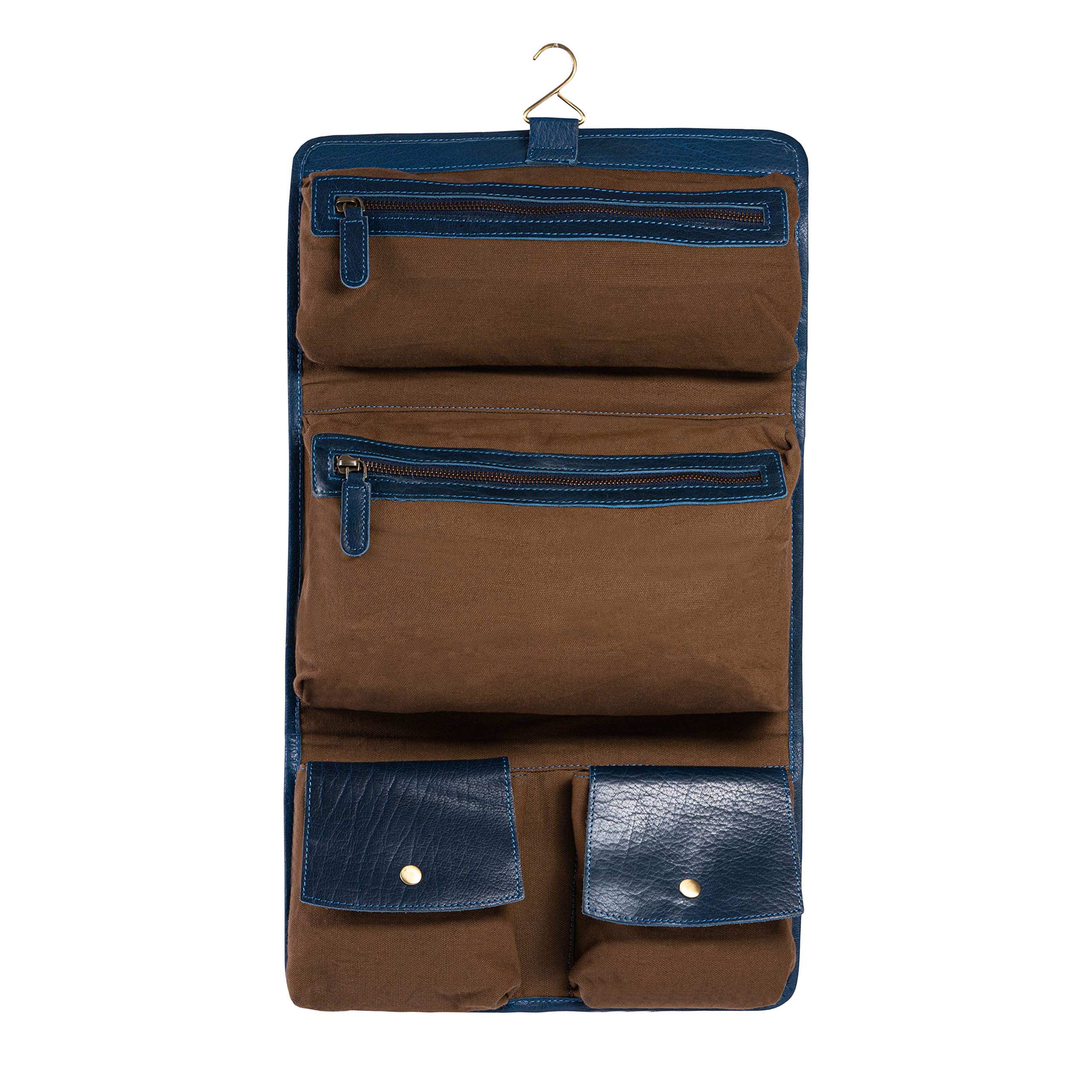 KomalC premium Buffalo leather roll toiletry bag, side pocket, organized on the go storage.