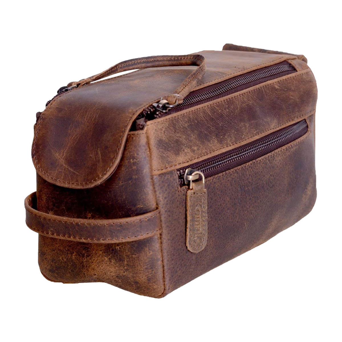 KomalC premium buffalo leather toiletry bag front view showcasing durable travel-ready design