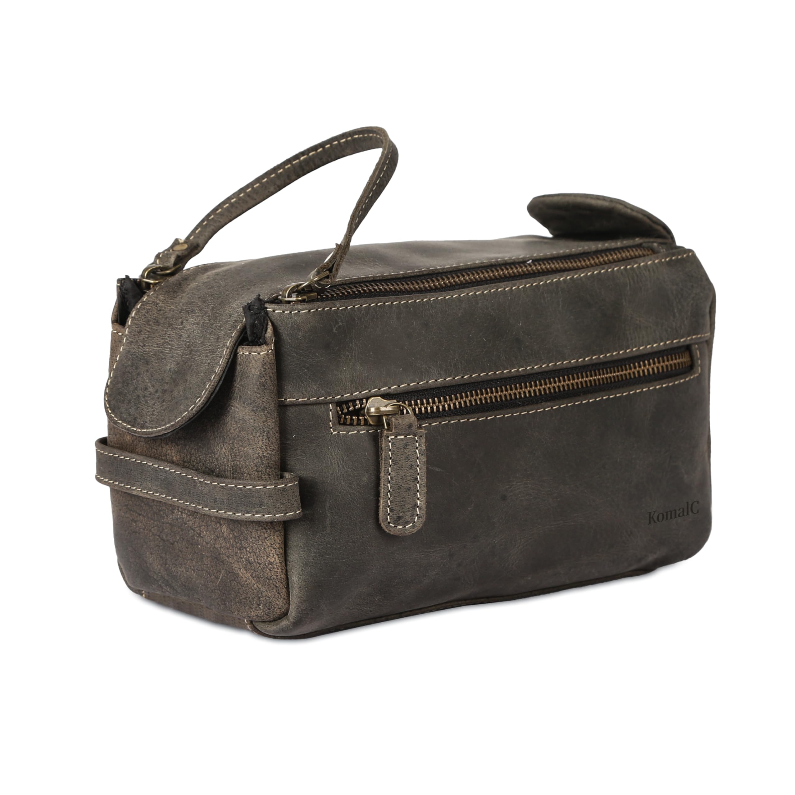 KomalC Premium buffalo leather toiletry bag front view, compact travel companion.