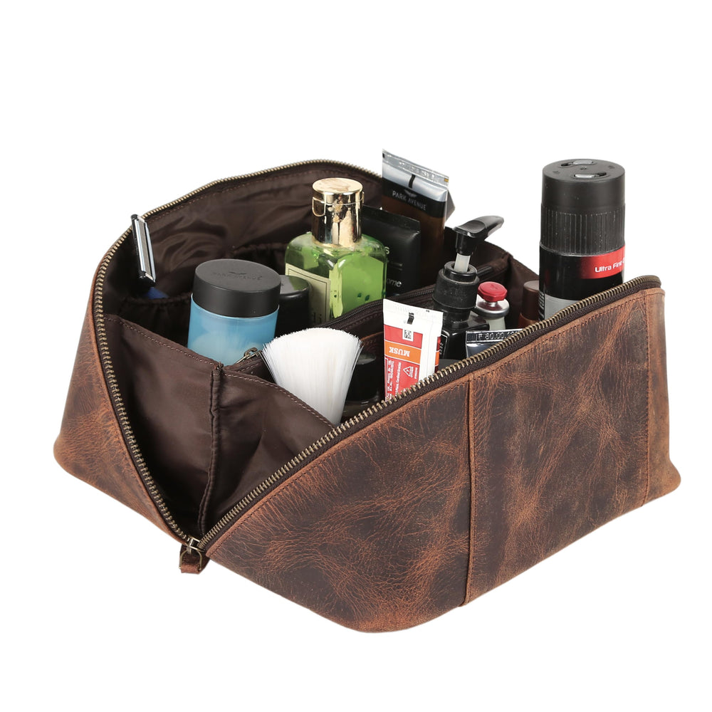 KomalC spacious main compartment fits razors, creams, and fragrance bottles.