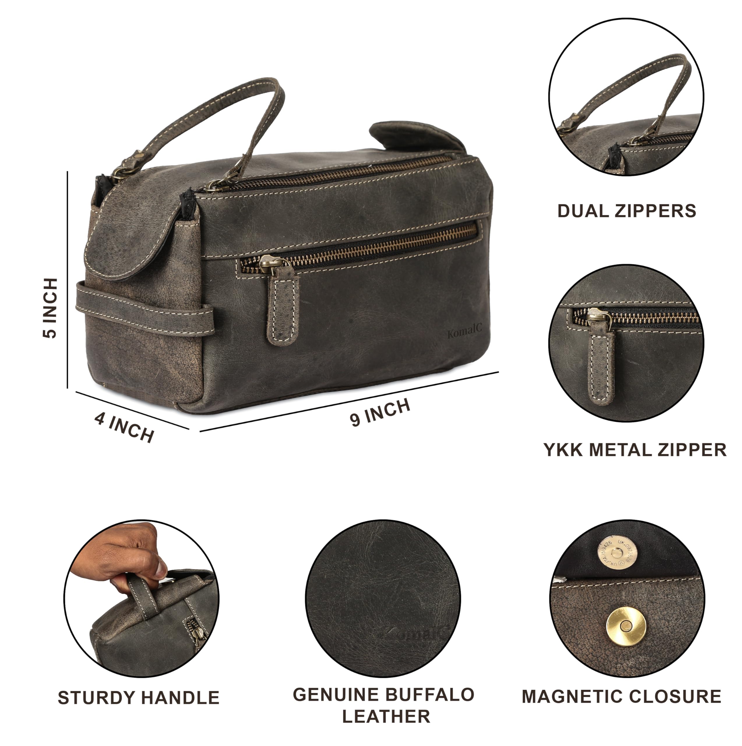 KomalC compact dimensions illustrate travel-friendly size for daily carry.
