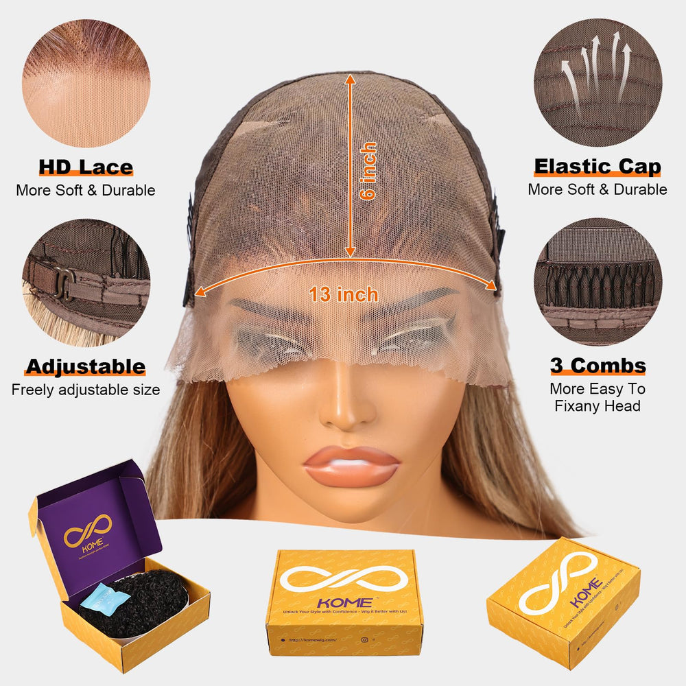 KOME ash blonde wig silkroot-fiber closeup highlights soft, natural-feel texture.