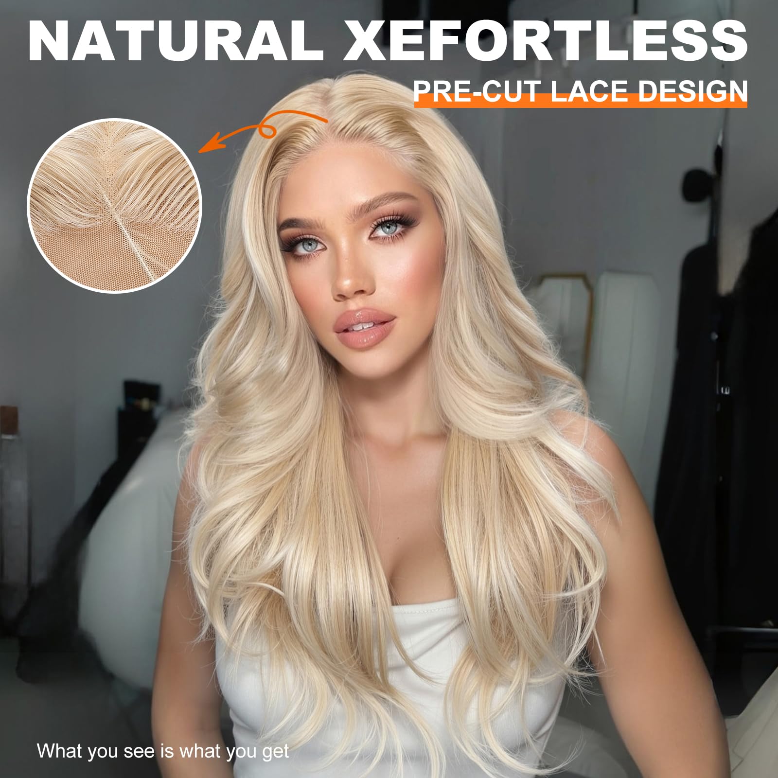 KOME Blonde wig 13x4 HD lace close-up highlighting natural parting and versatile styling.