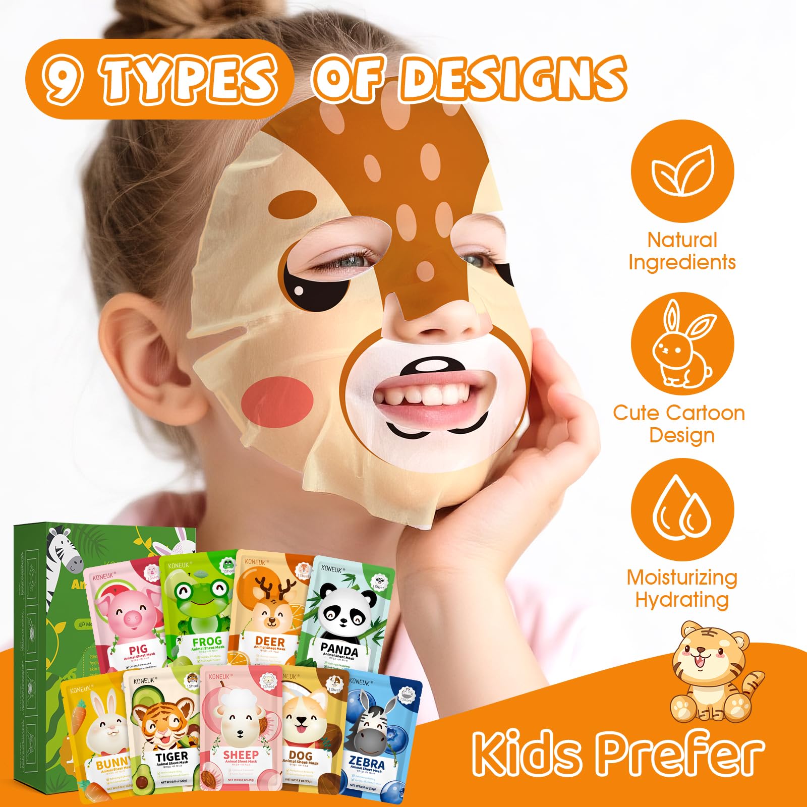 KONEUK tiger face mask for kids, bold design with collagen hydration