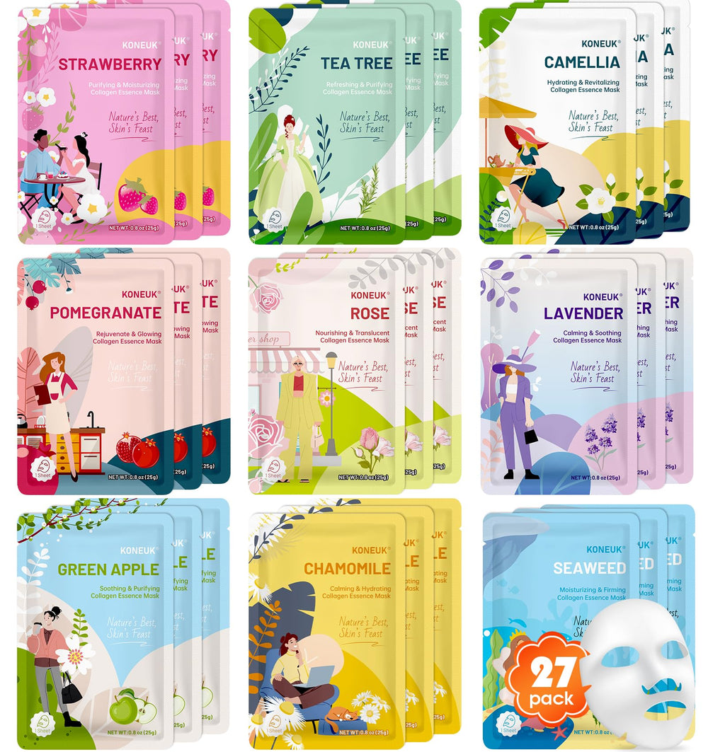 KONEUK 27-pack face mask set packaging suitable for gifting and home spa routines.