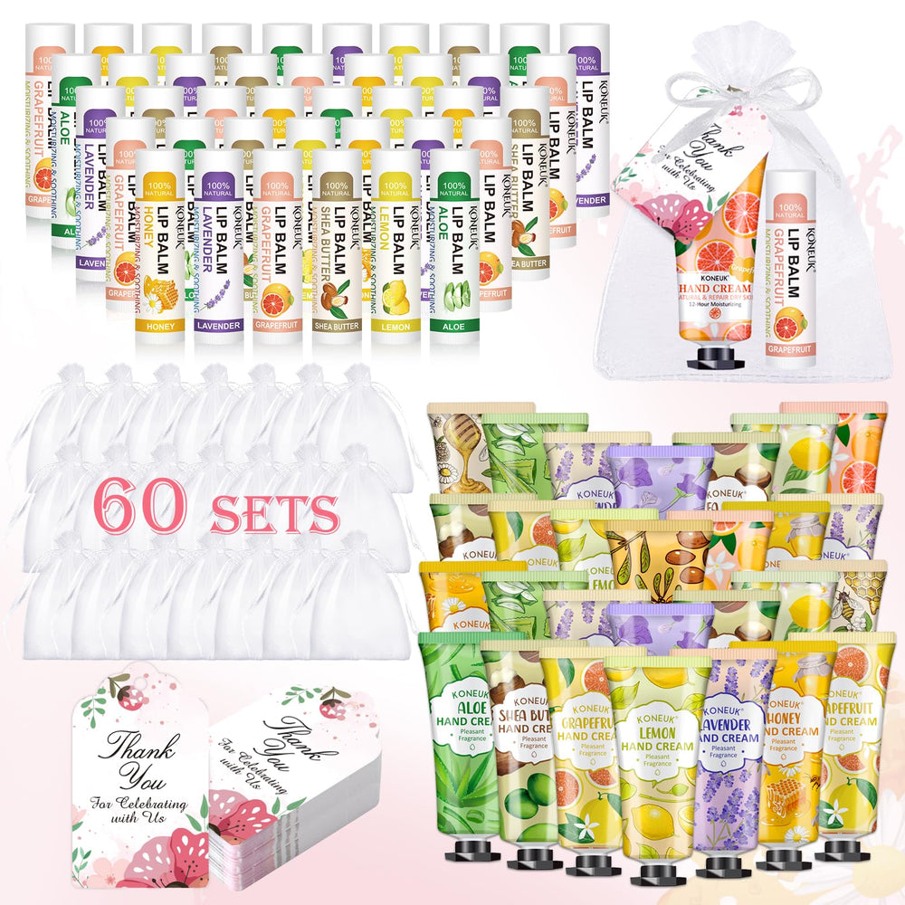 KONEUK 60-pack hand cream bulk set with six scents, ideal for gifting at events.