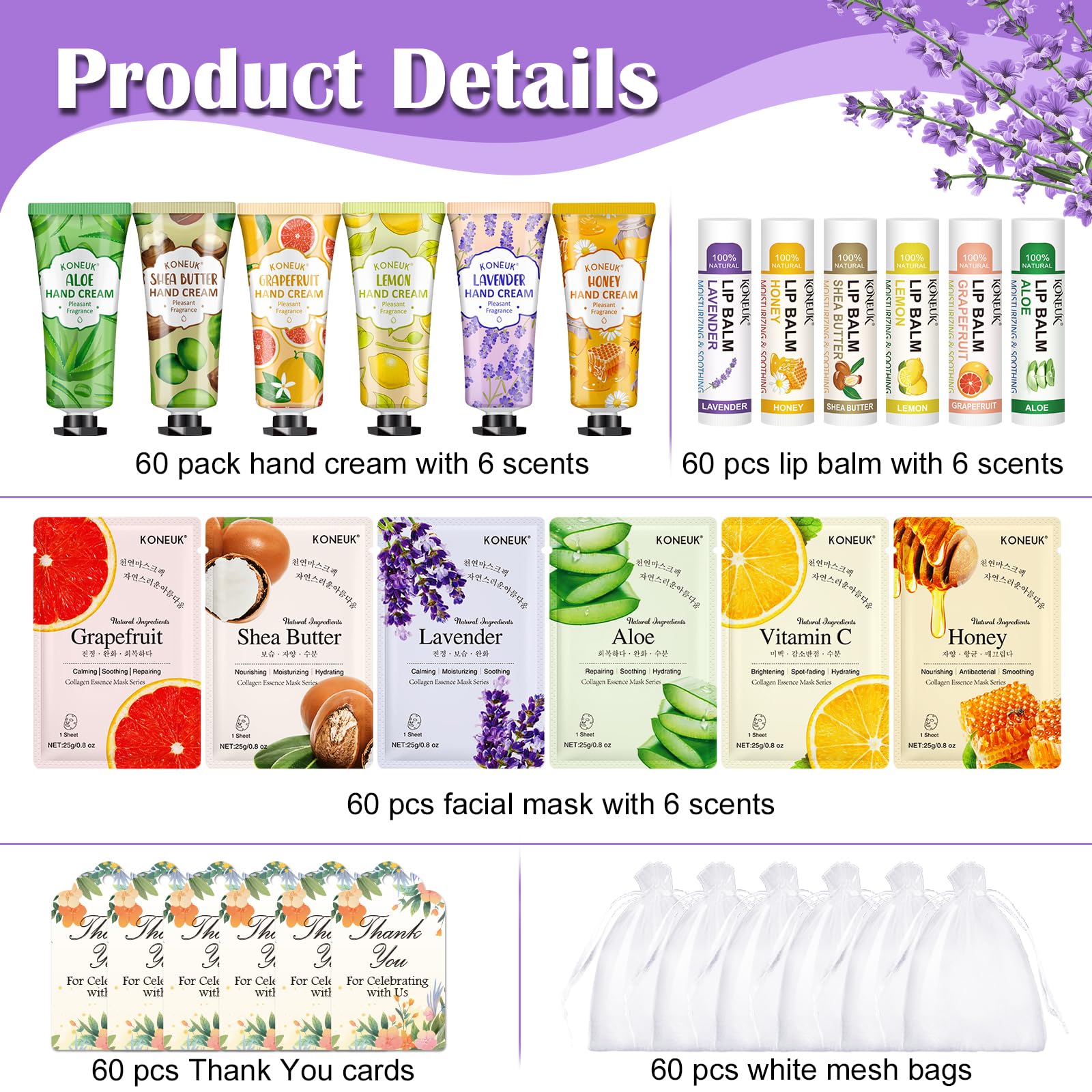 KONEUK 60-pack hand cream set featuring six scents for soft, hydrated hands
