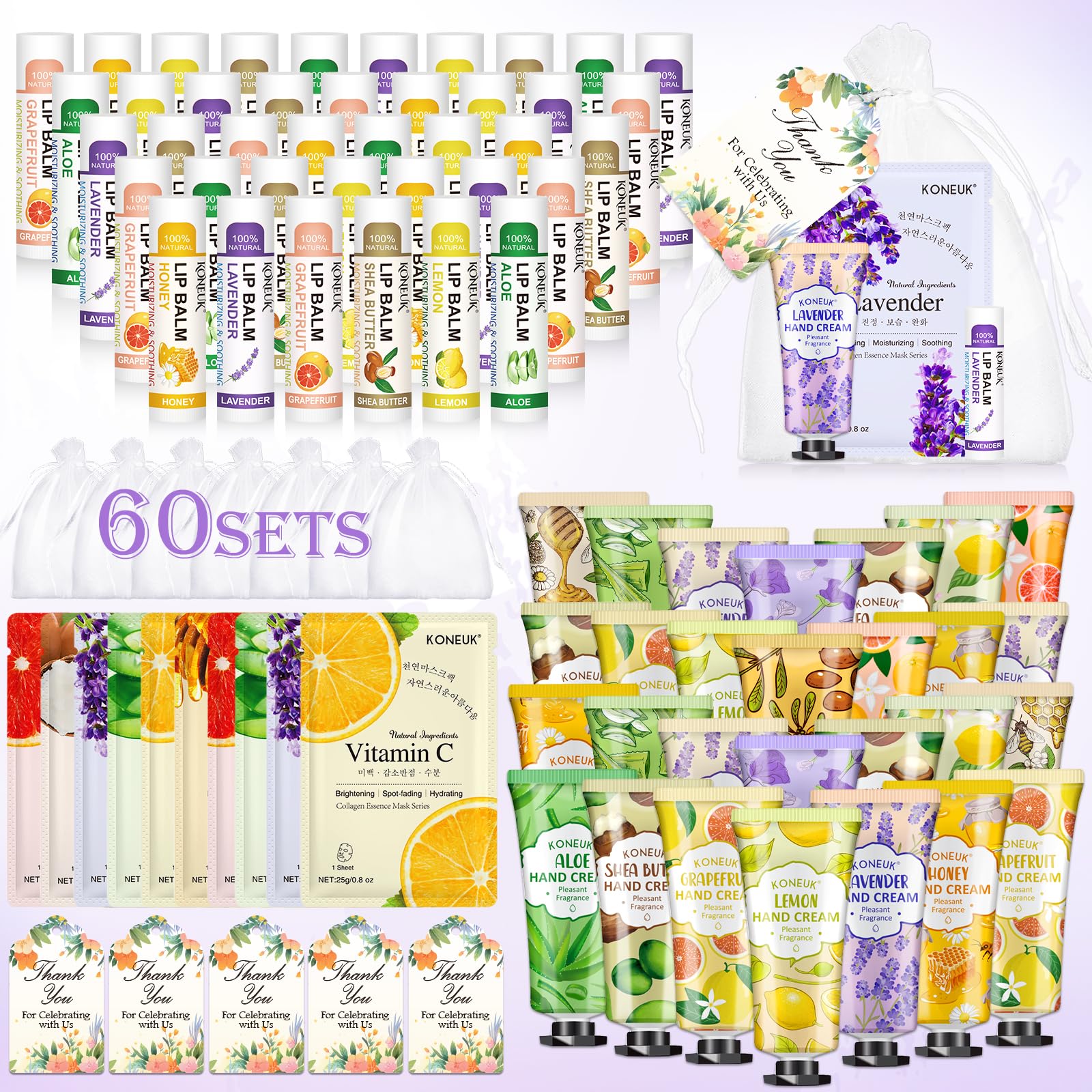 KONEUK 60-pack lip balm set with assorted flavors for daily moisture and gift-giving