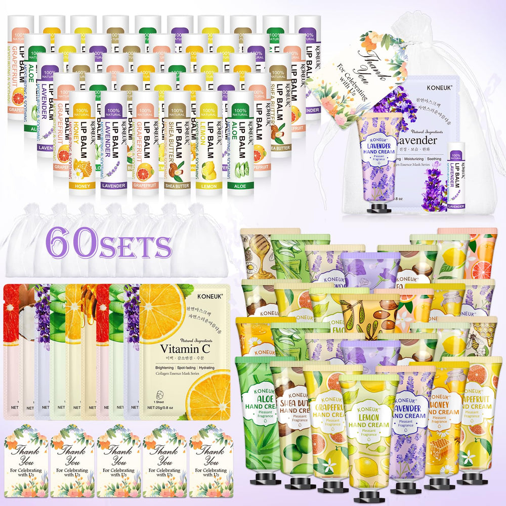 KONEUK 60-pack lip balm set with assorted flavors for daily moisture and gift-giving