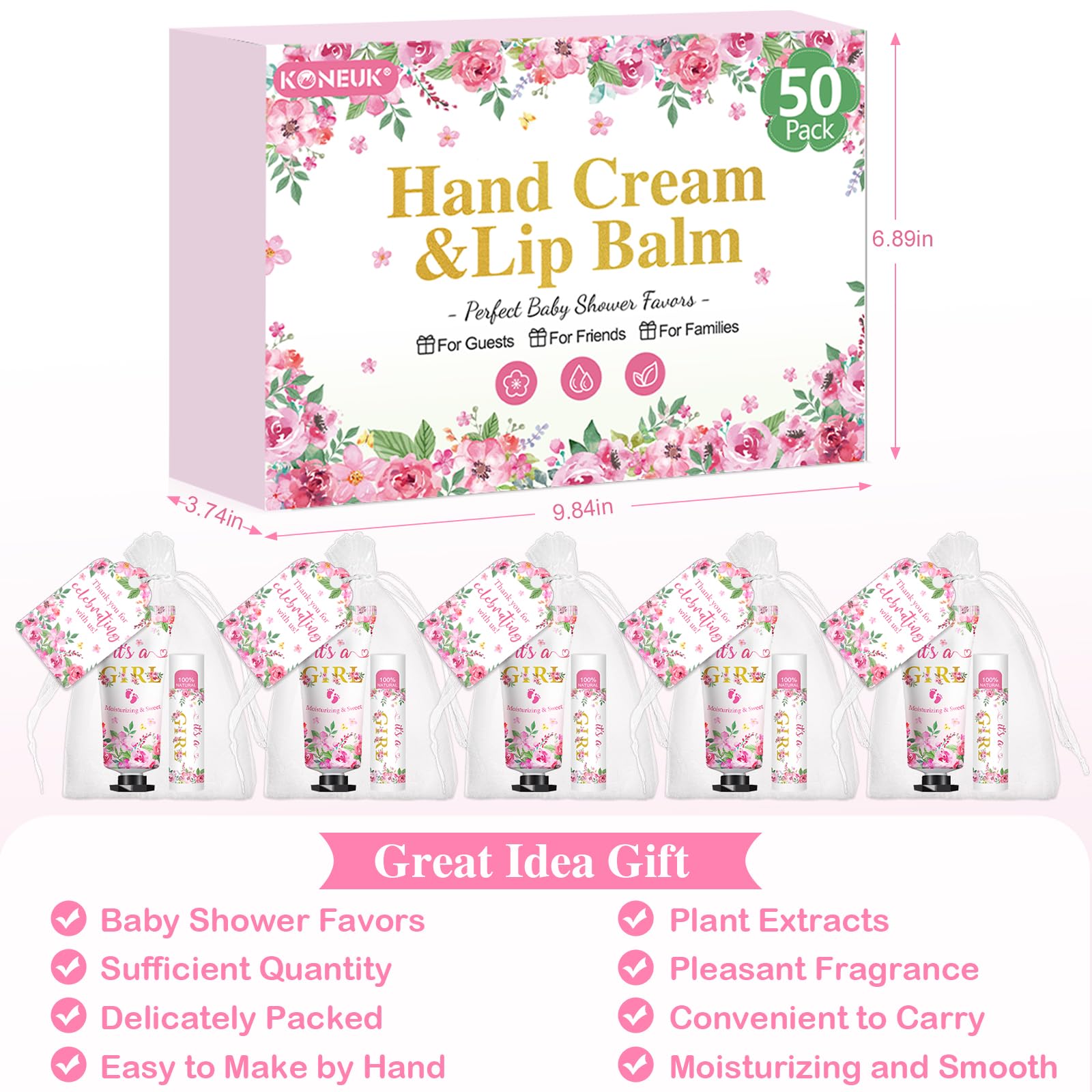 KONEUK pink floral baby shower favors delight guests with keepsakes.