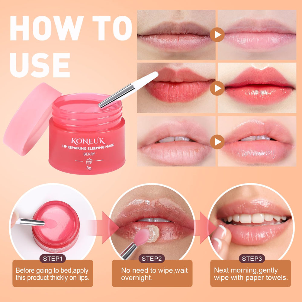 KONEUK lip mask flavors mint grapefruit coconut berry shown together.