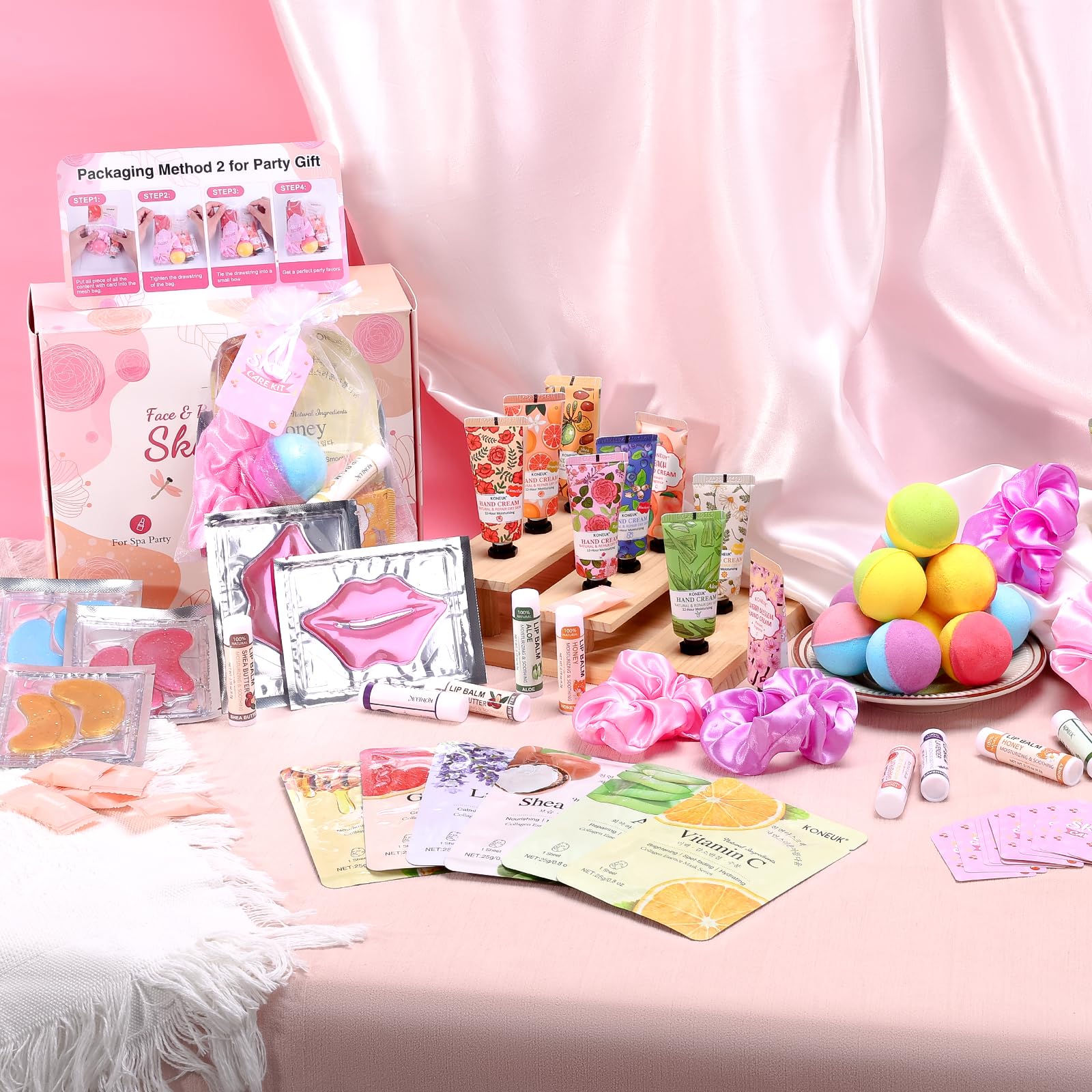 KONEUK spa party organza gift bags and silk headbands demonstrate organized gifting