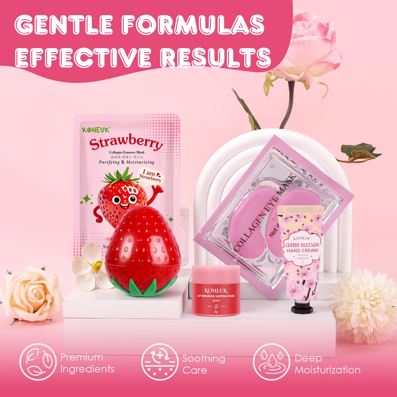 KONEUK strawberry skincare kit under-eye patches soothing dryness for bright eyes.