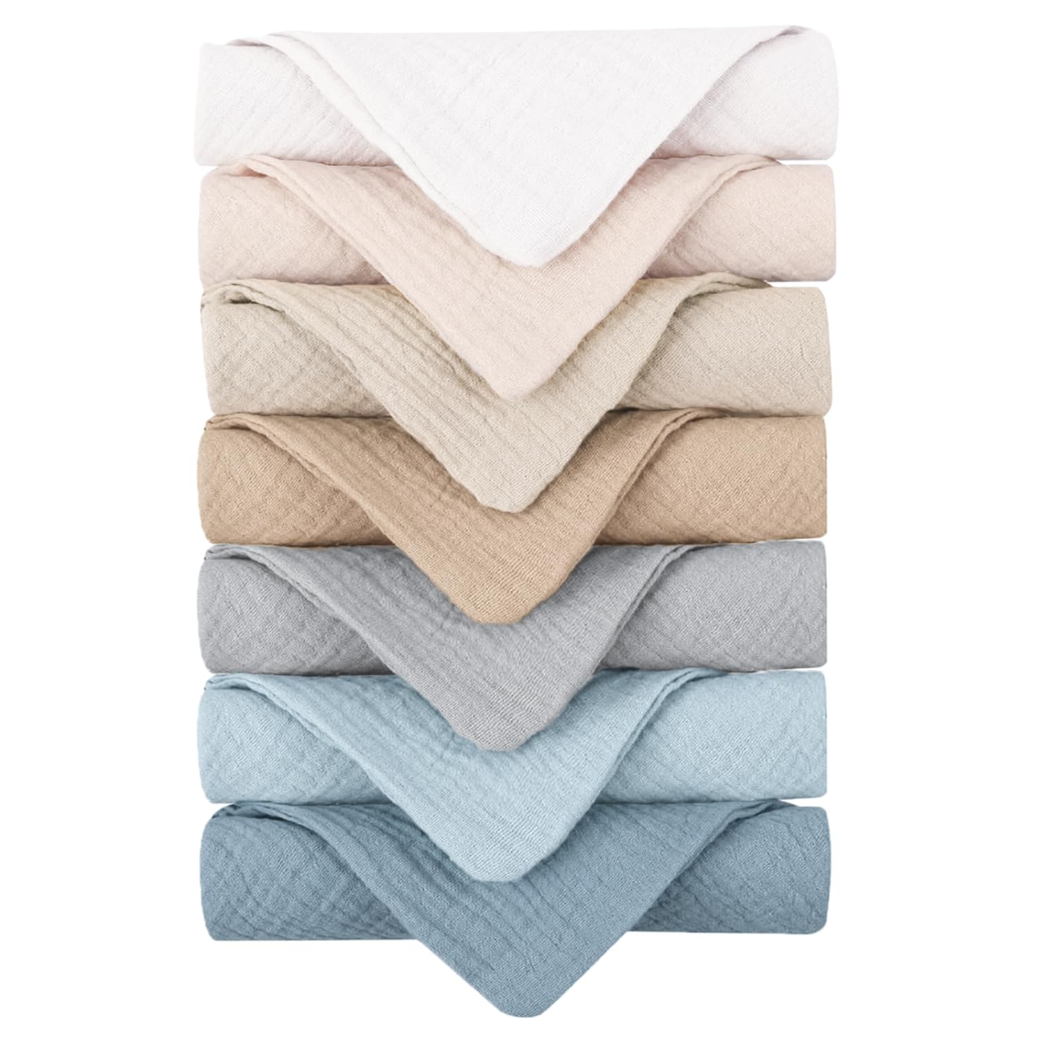 Konssy 7-pack ultra-soft muslin washcloths closeup, two-layer texture for gentle cleansing.
