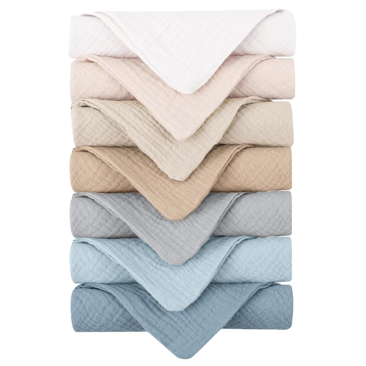 Konssy 7-pack ultra-soft muslin washcloths closeup, two-layer texture for gentle cleansing.