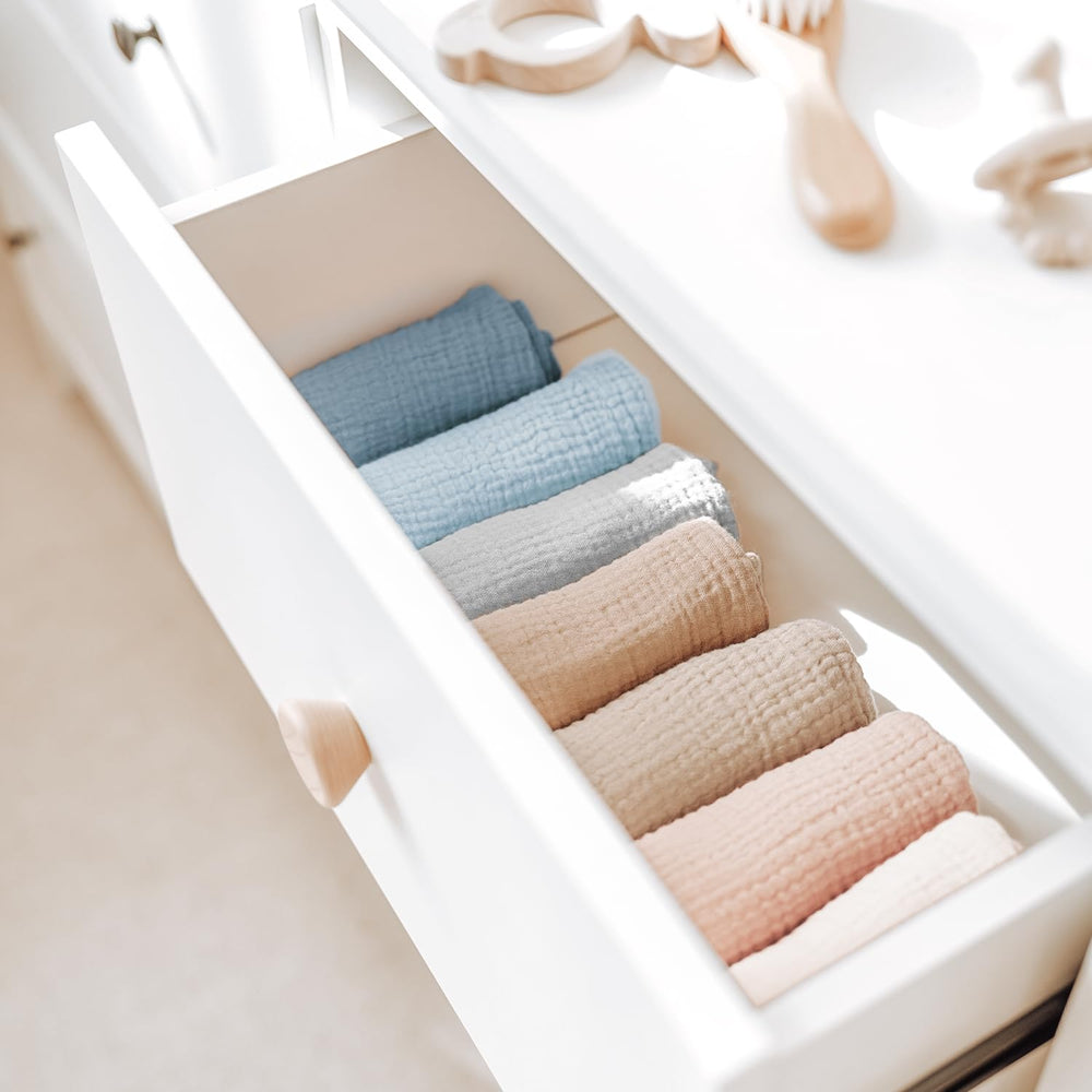 Konssy muslin washcloth care-drying image, easy machine washable and low-heat tumble dry.