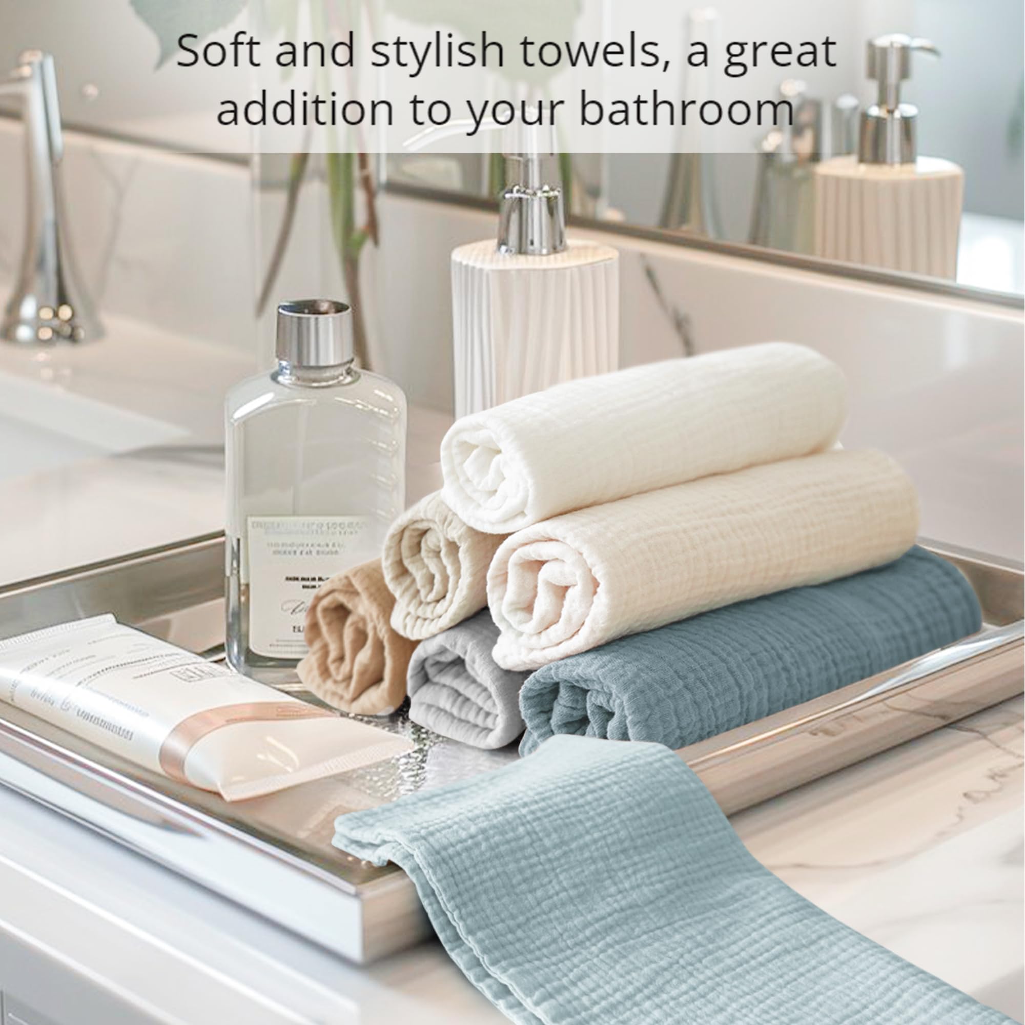Konssy neutral-color stack suggests versatile, coordinated bathroom essentials.