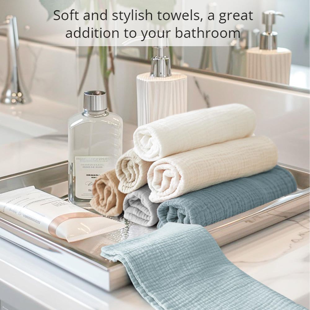 Konssy neutral-color stack suggests versatile, coordinated bathroom essentials.