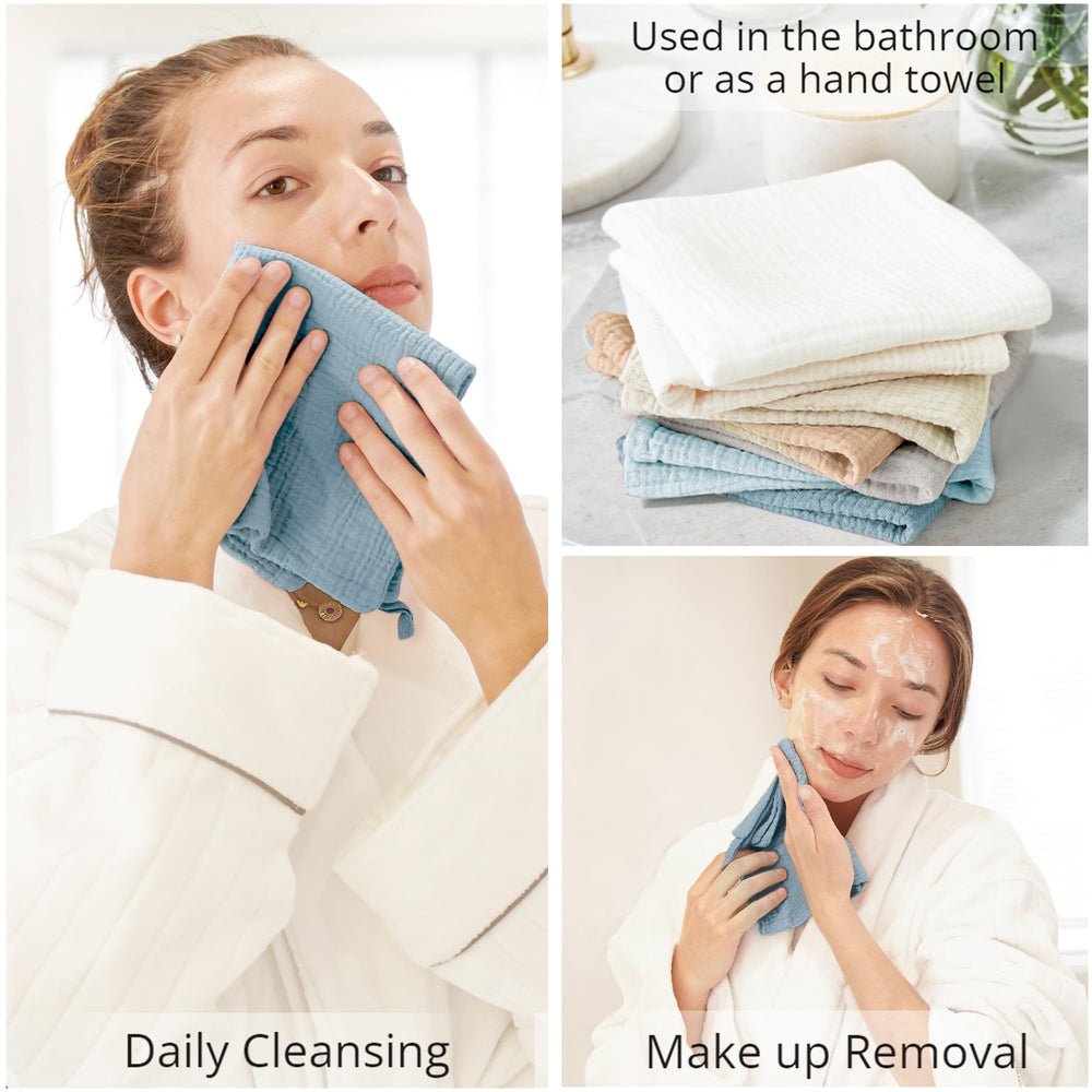 Konssy washcloths folded to 11x11 inches, compact for travel and daily routines.