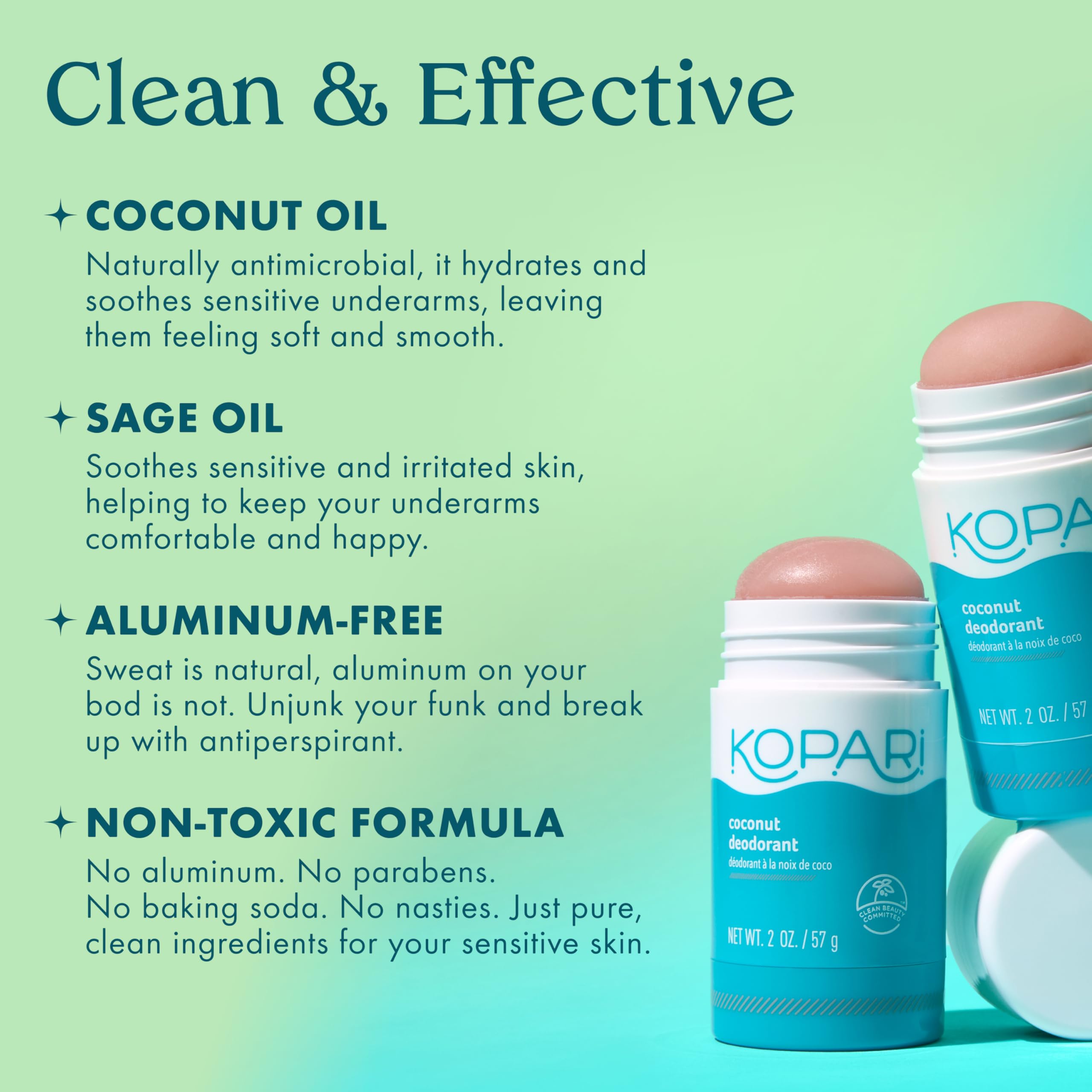 Kopari aluminum free coconut deodorant paraben free label emphasizes clean plant based protection