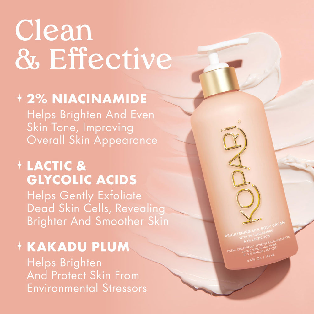 Kopari Brightening Silk Body Cream packaging highlights vegan and cruelty-free elements.