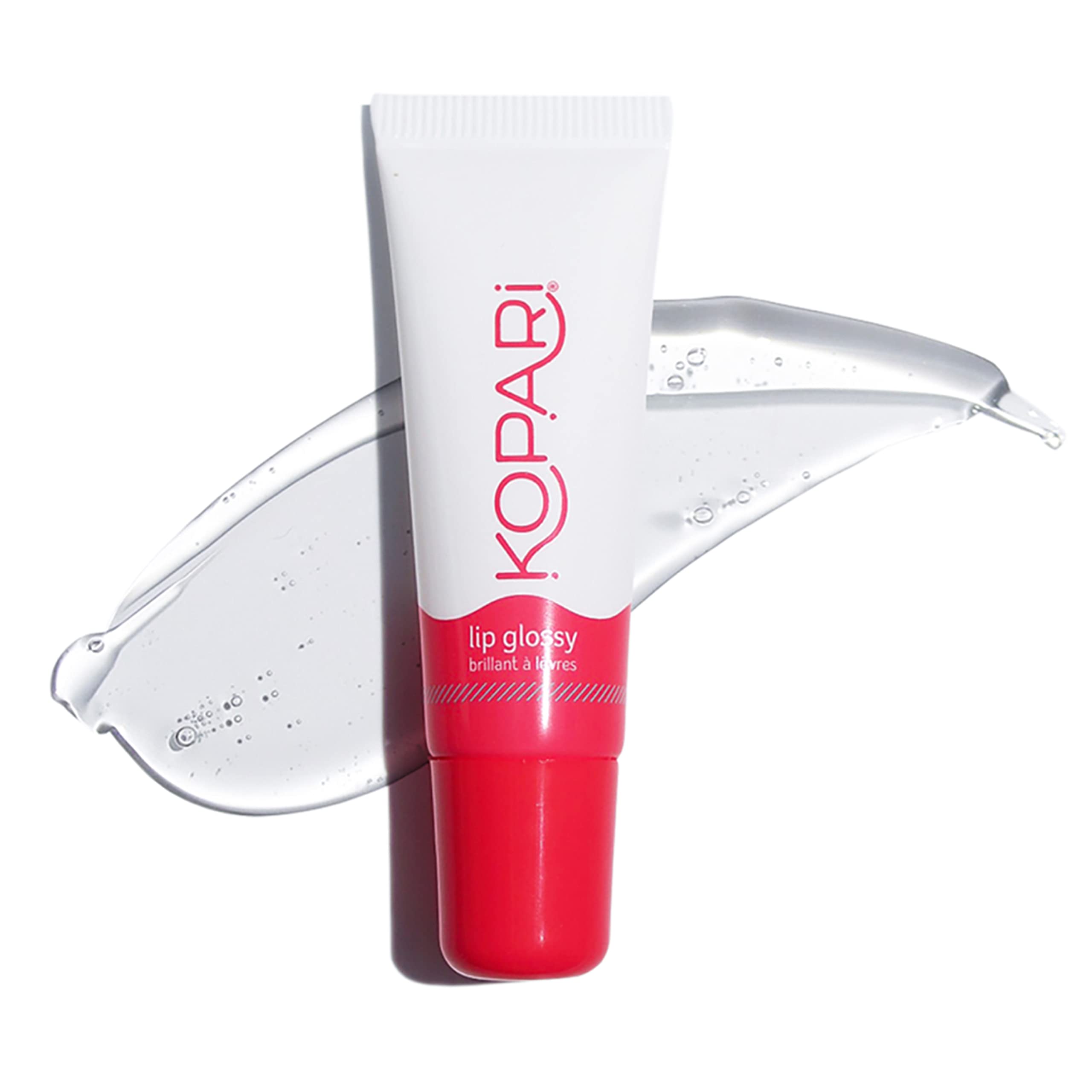 Kopari Coconut Lip Glossy clear bottle highlights hydrating lip gloss for daily use.