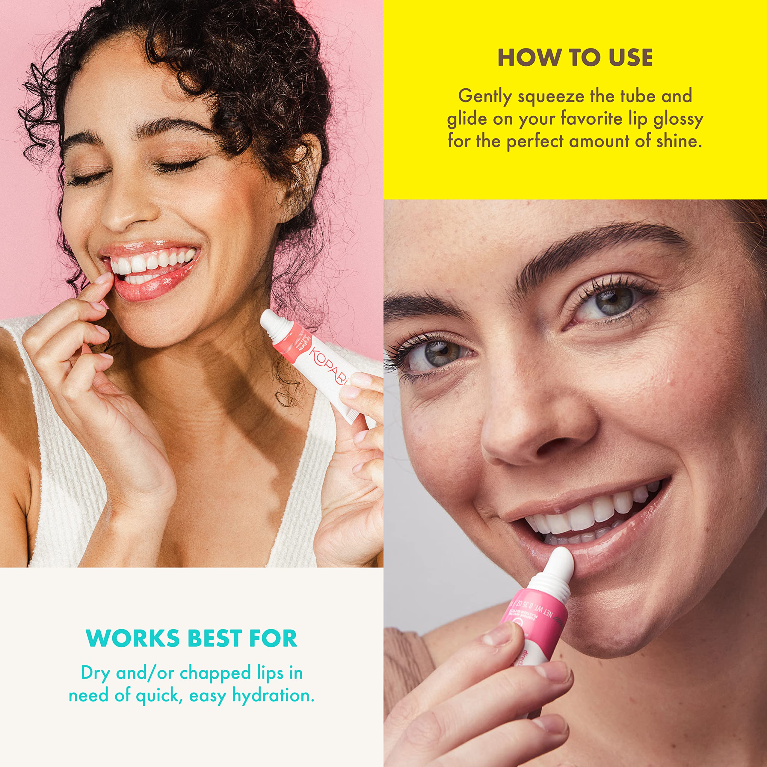 Kopari lip glossy bottle tilted to show squeeze-and-go packaging
