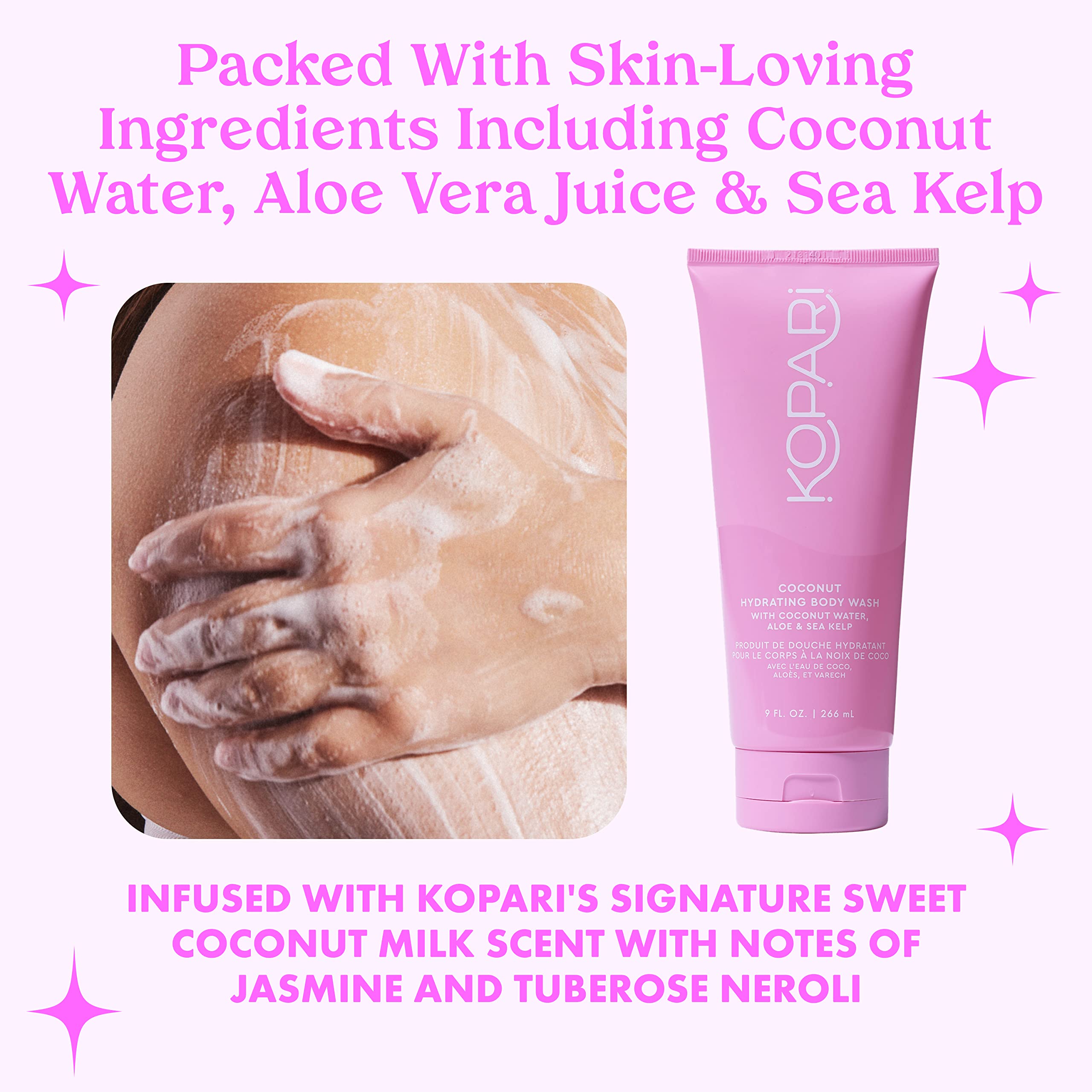 Kopari Coconut Water ingredients image highlights hydration-friendly formula for daily showers