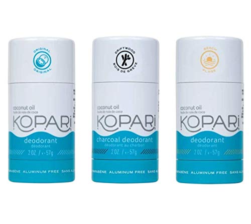 Kopari 3-pack packaging highlights aluminum-free deodorant for clean, all-day odor protection.