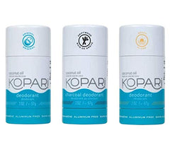 Kopari 3-pack packaging highlights aluminum-free deodorant for clean, all-day odor protection.