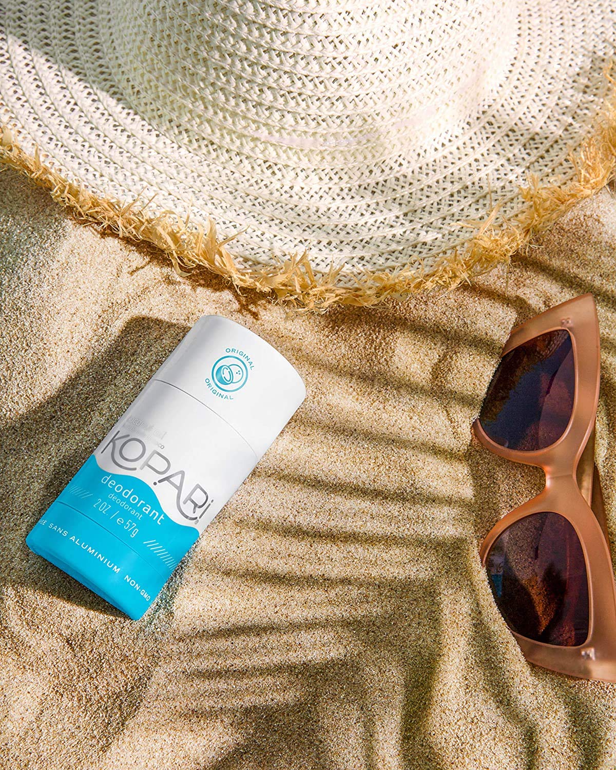 Kopari original, charcoal, beach scents offered as natural, aluminum-free options.