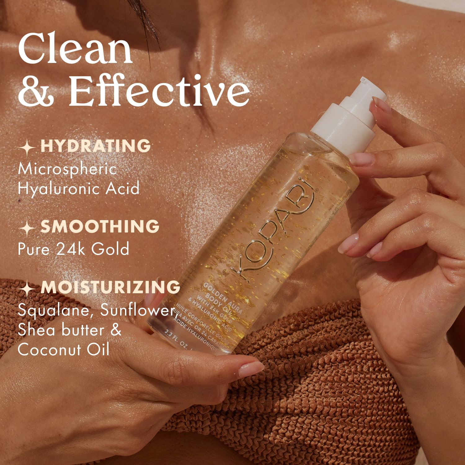Kopari Golden Aura 24K gold particles on skin imply subtle luxury and smoothing