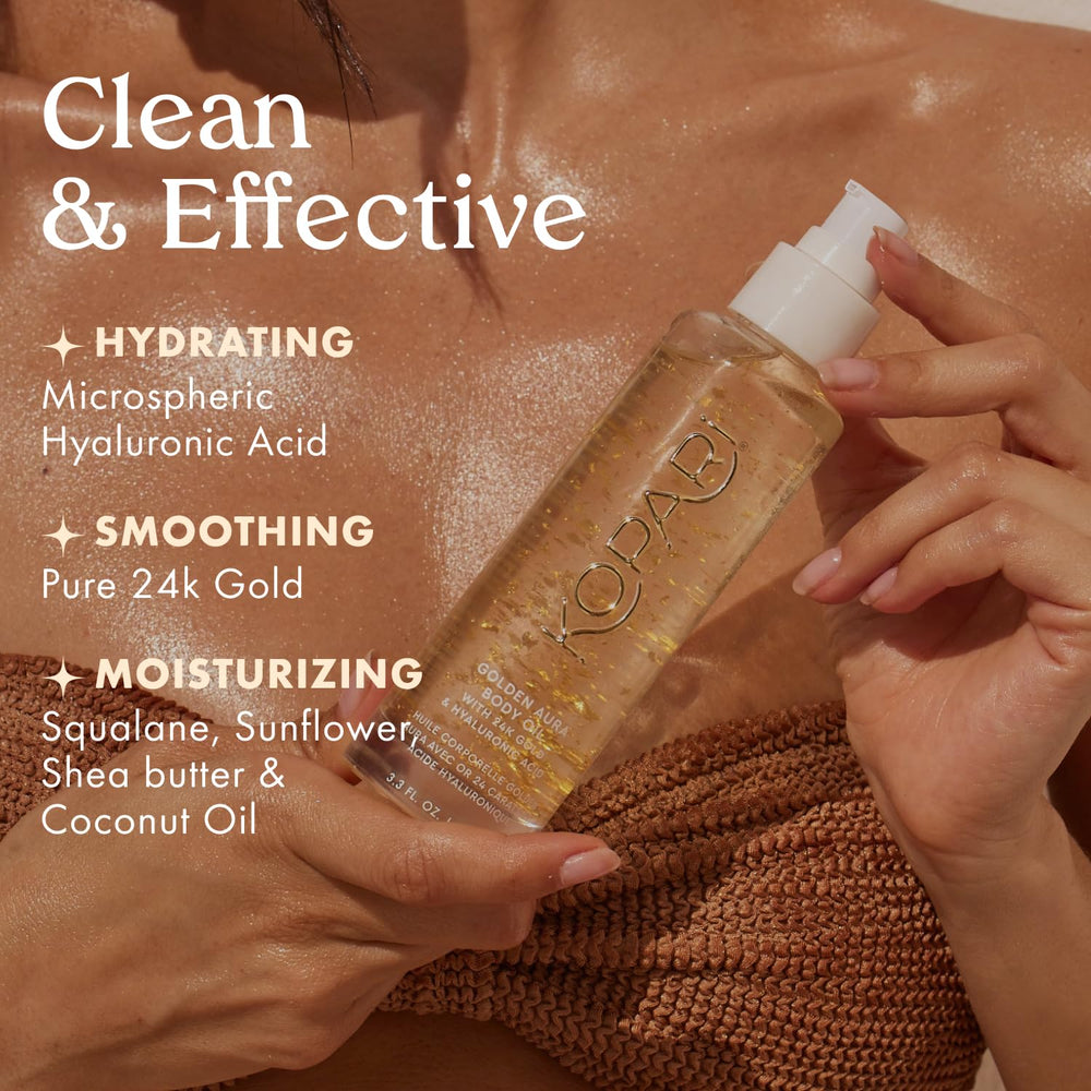 Kopari Golden Aura 24K gold particles on skin imply subtle luxury and smoothing