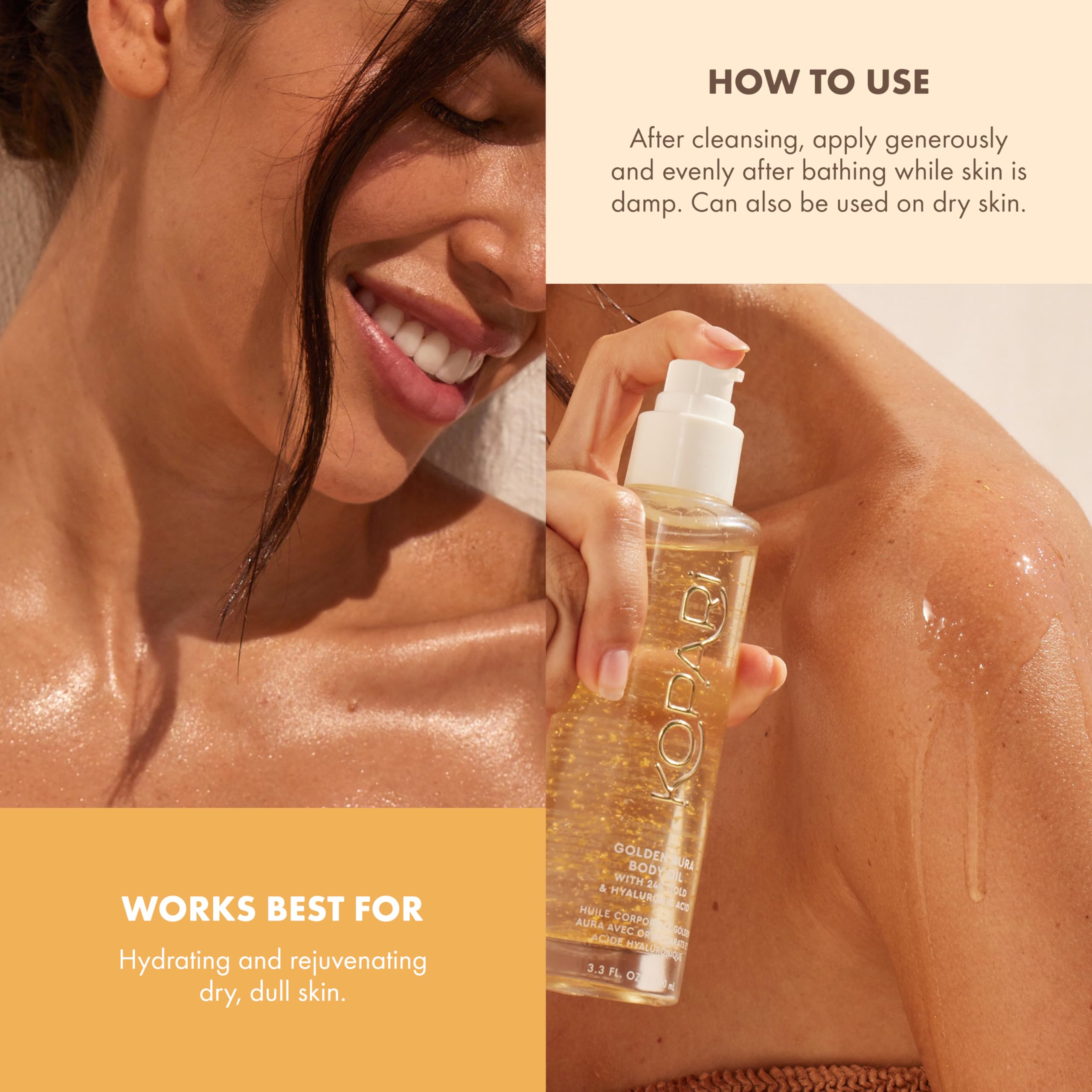 Kopari Golden Aura hyaluronic acid droplets indicate deep hydration and moisture retention