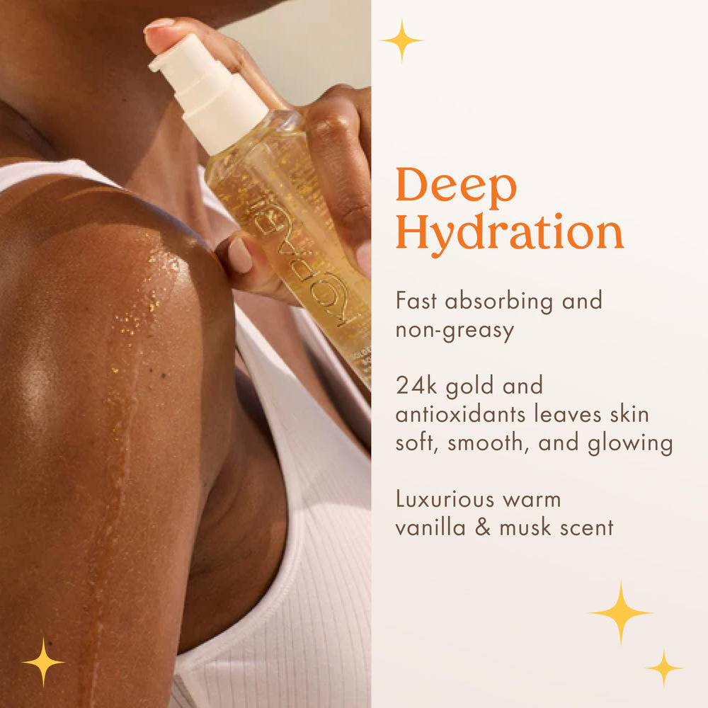 Kopari Golden Aura oil poured over skin suggests fast absorption and luminous glow