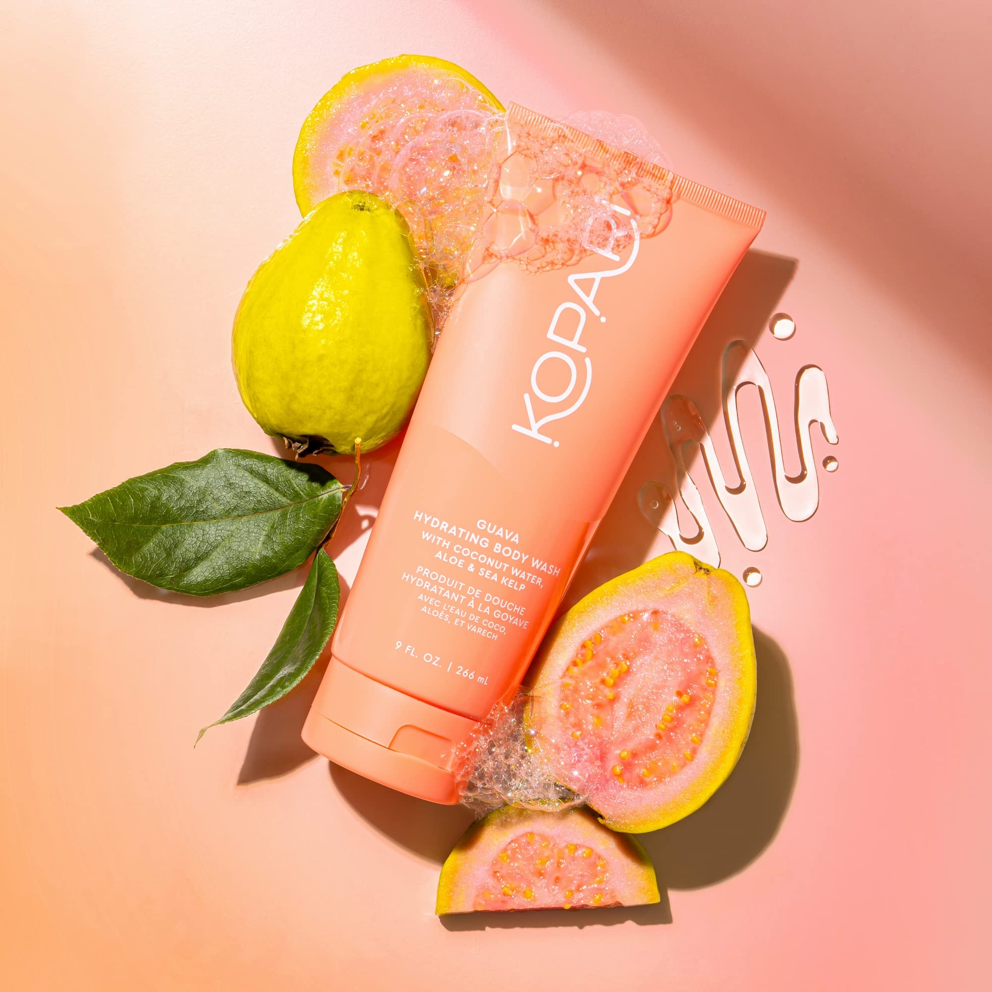 Kopari Guava Hydrating Body Wash foamy-lather demonstrates luxurious, non-stripping foam for sensitive skin