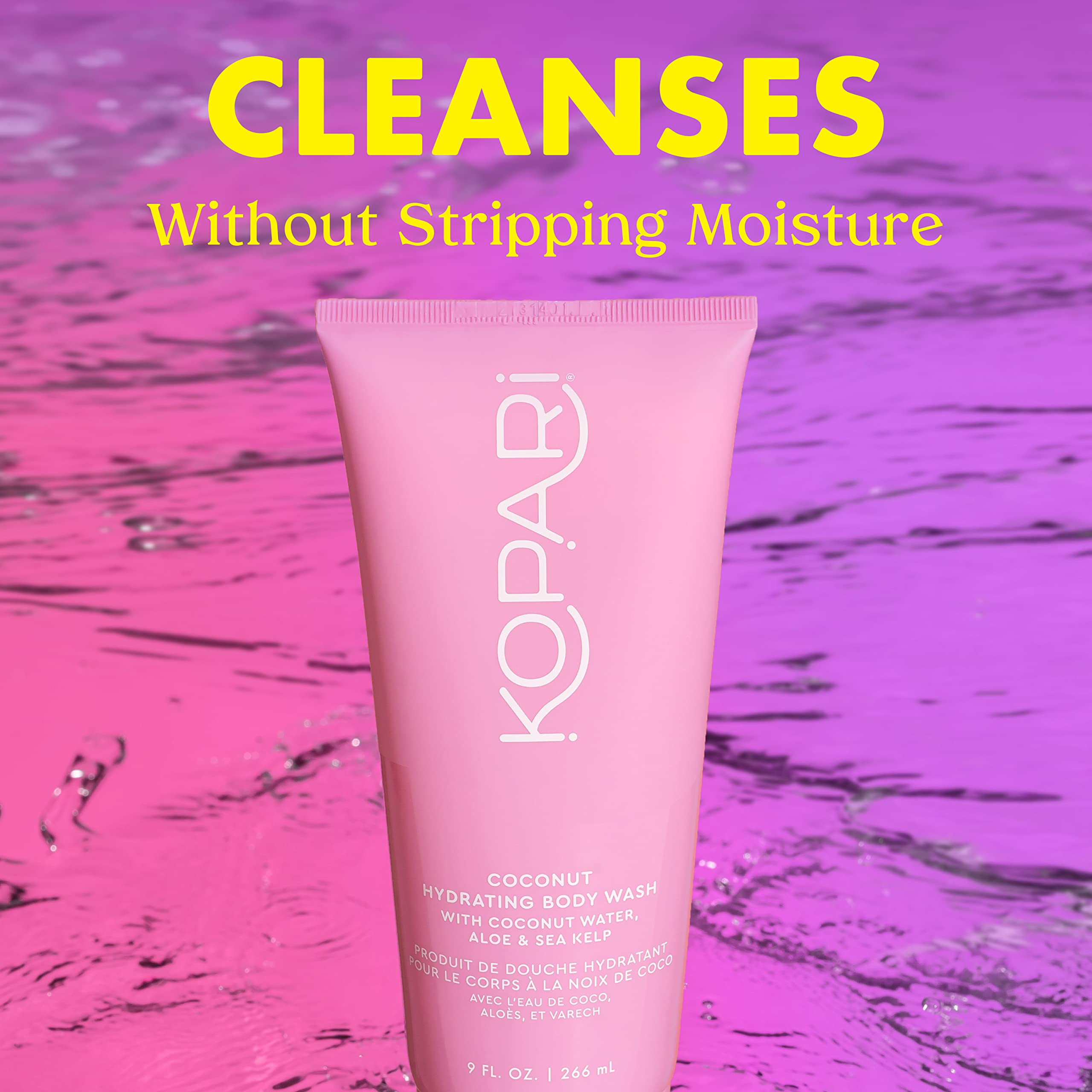 Kopari Hydrating Body Wash label close-up highlighting vegan, paraben-free formula.