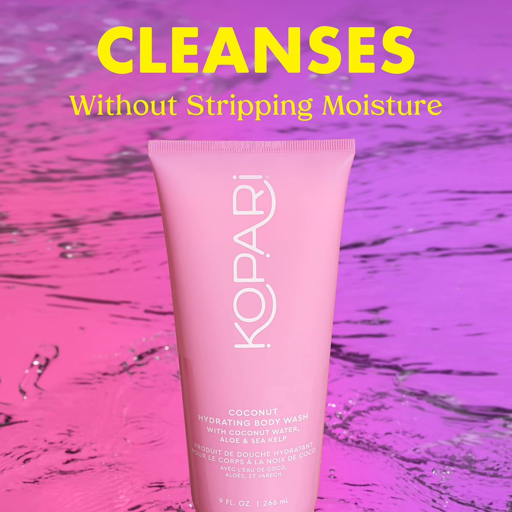 Kopari Hydrating Body Wash label close-up highlighting vegan, paraben-free formula.