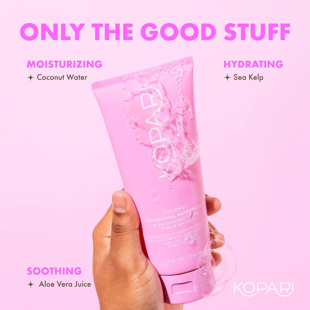 Kopari Hydrating Body Wash in a shower scene with steam and coconut aroma.