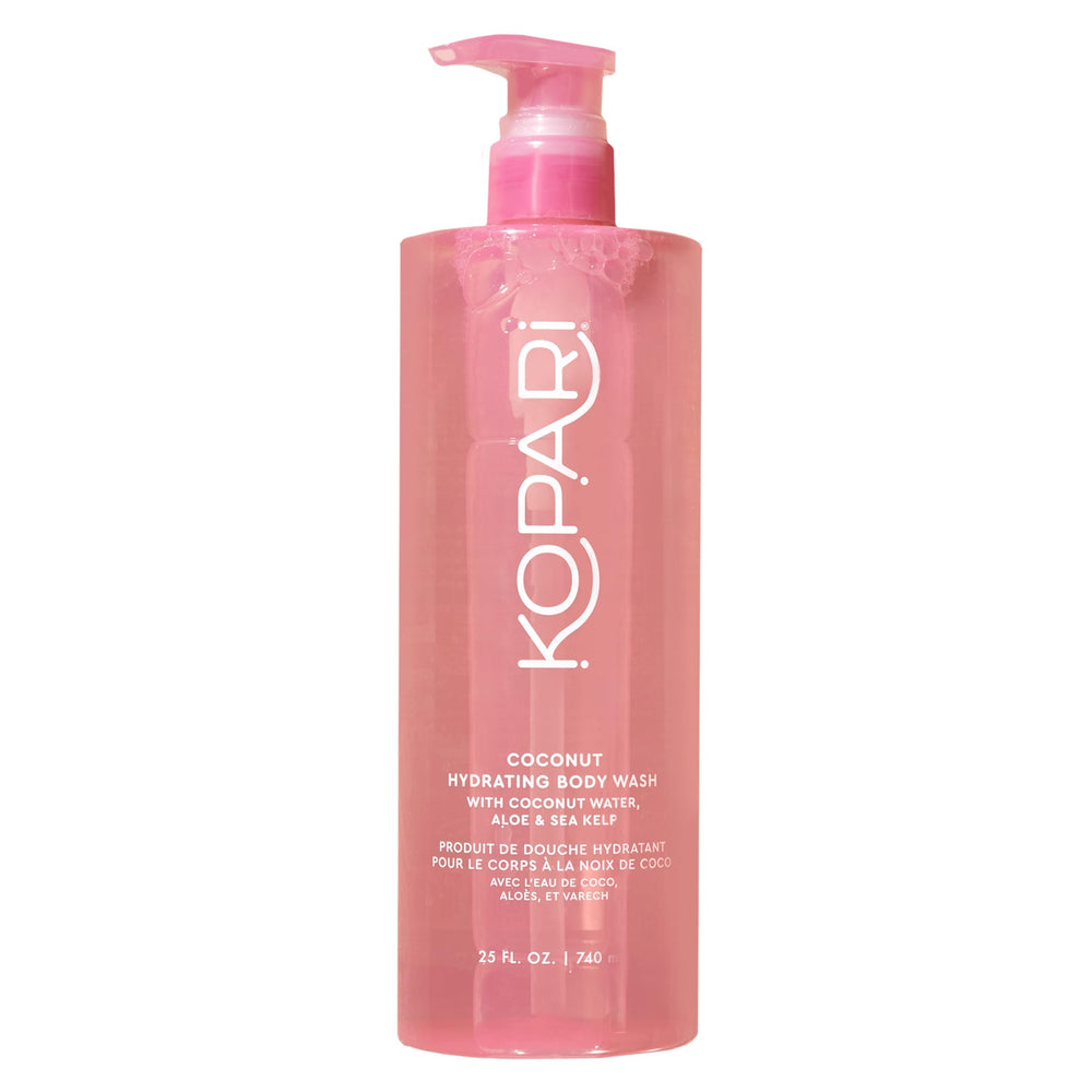 Kopari Jumbo Coconut Hydrating Body Wash bottle on shelf promising luxurious hydration.