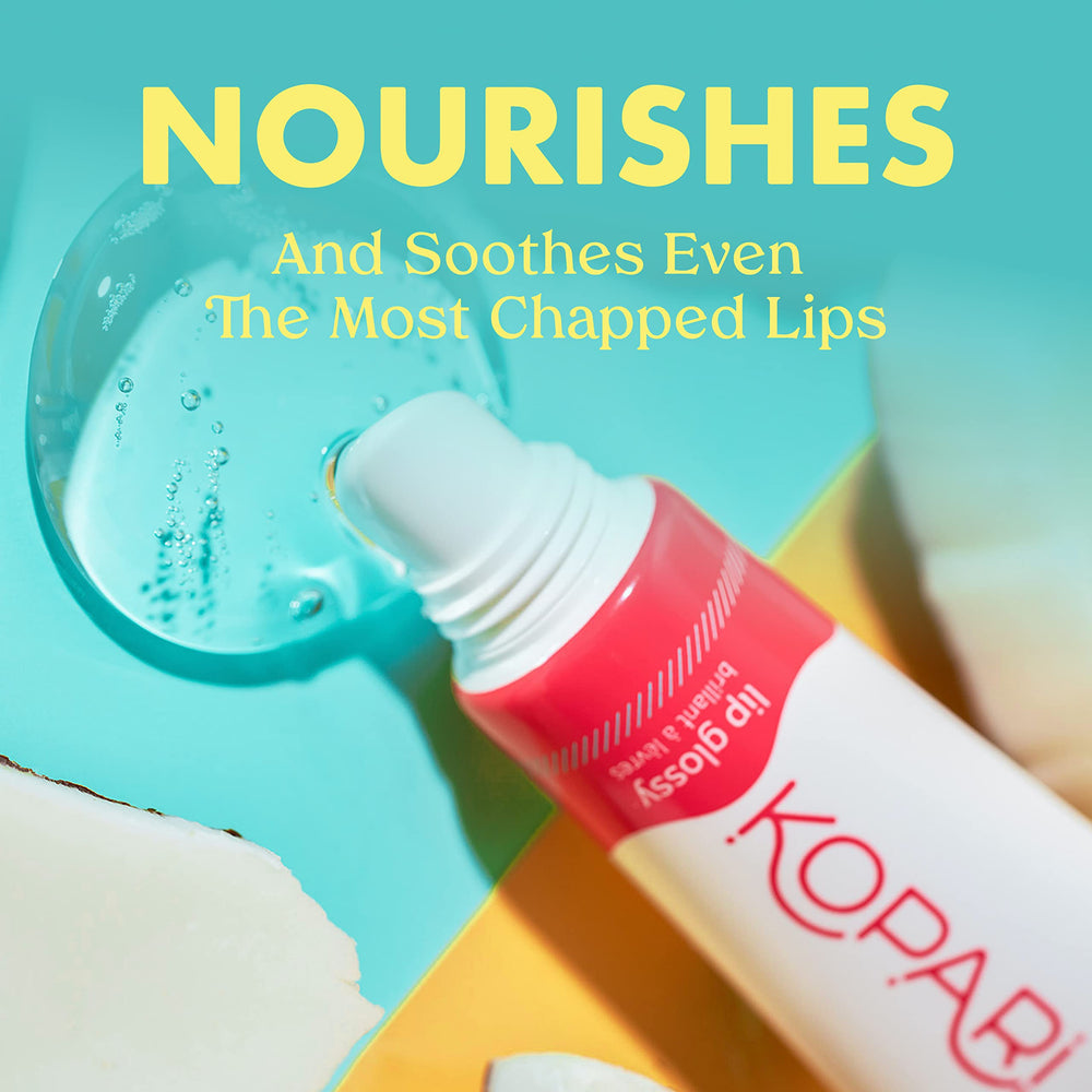 Kopari Lip Glossy application close-up demonstrates smooth glide for moisturized lips.