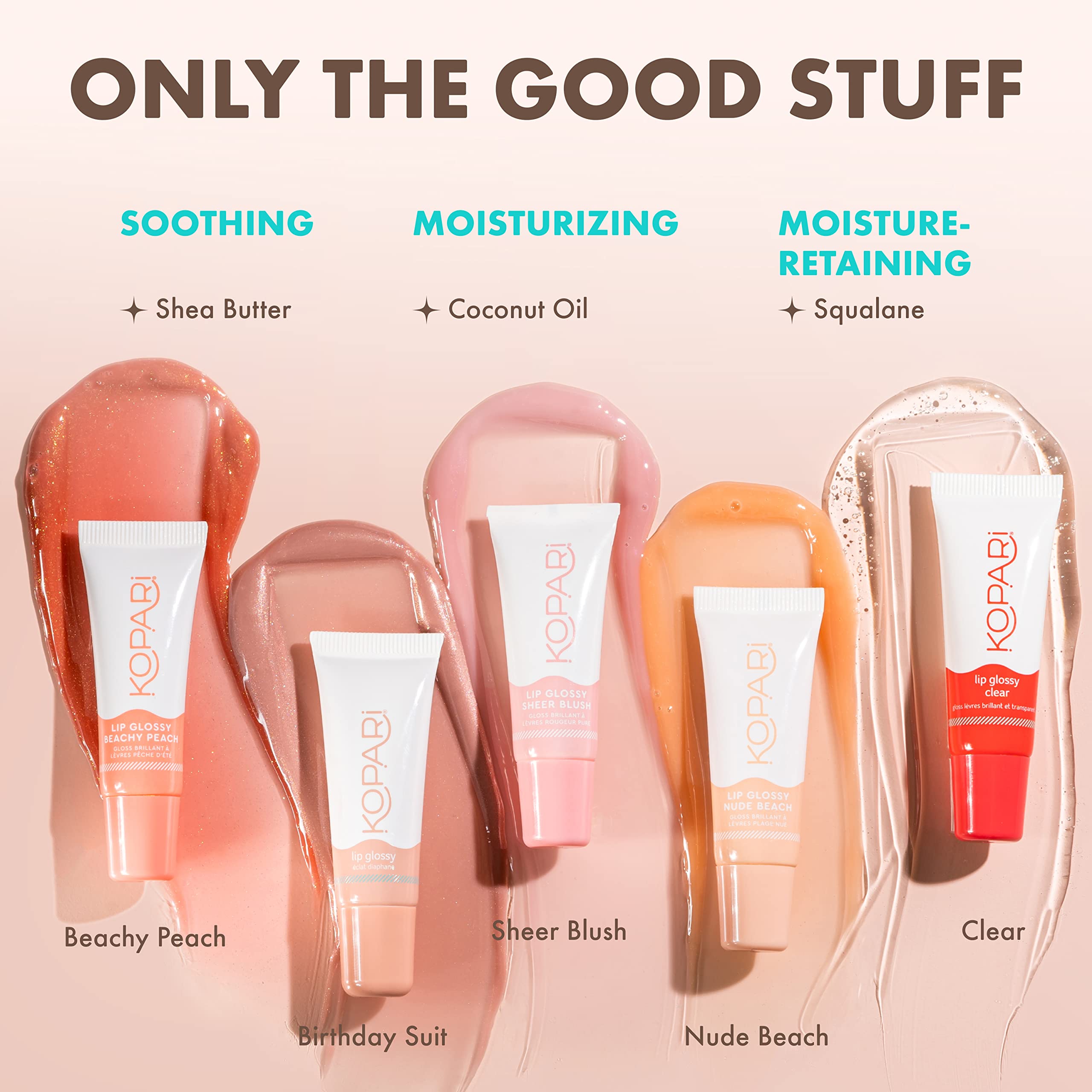 Kopari Made in USA logo shot signals cruelty-free, dermatologist-tested lip care.
